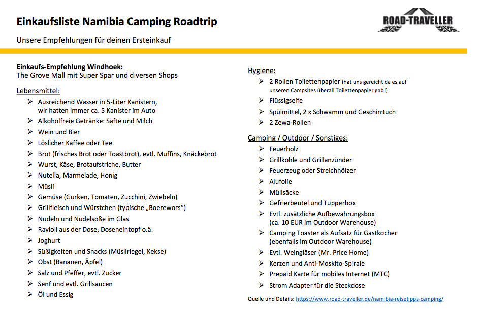 Unsere Einkaufsliste fuer den Namibia Camping Roadtrip