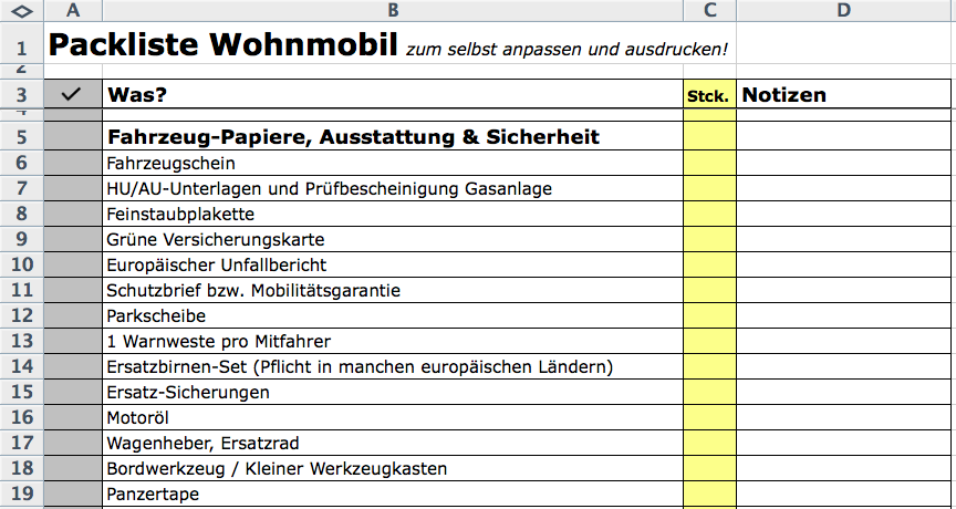 Unsere Wohnmobil Packliste in Excel - zum Herunterladen und selbst Anpassen