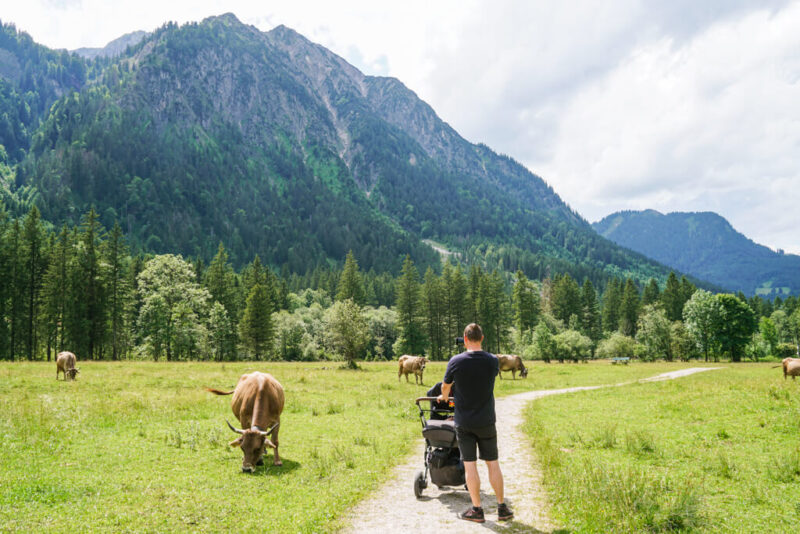Wandern mit Kinderwagen im Allgaeu in Hinterstein an der Ostrach